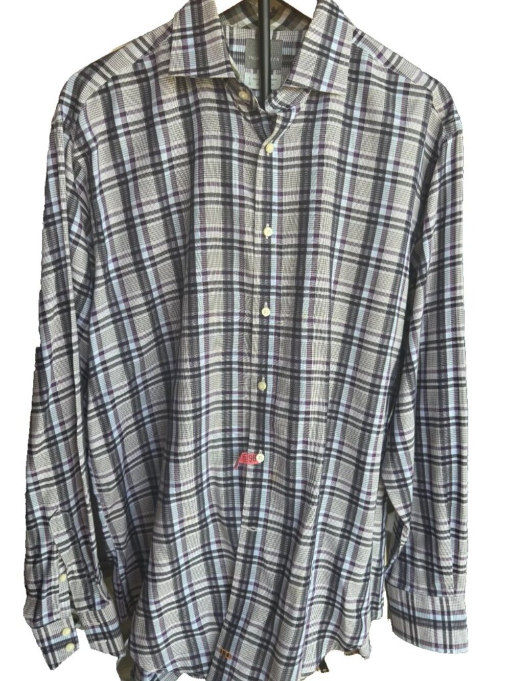 Thomas Dean Men's Blue Gray Plaid Button Down Shirt Size L